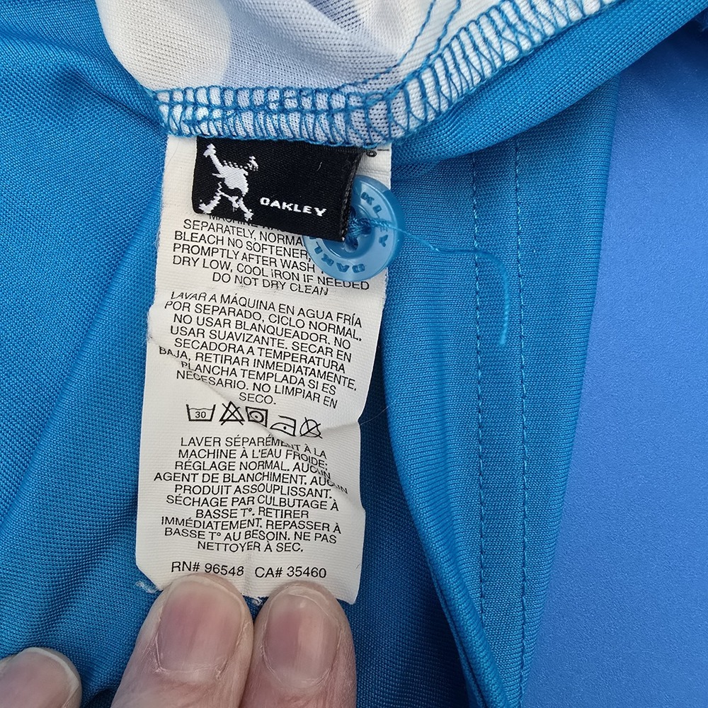 OAKLEY GOLF POLO SHIRT AQUA BLUE WHITE STRIPE -POLY HYDROLIX Size Large - Picture 7 of 8